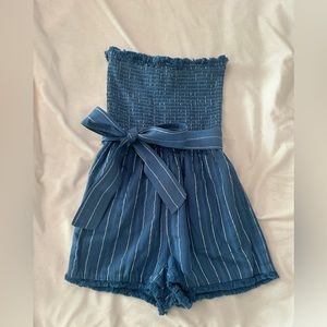 Tularosa Blue Strapless Romper with Bow